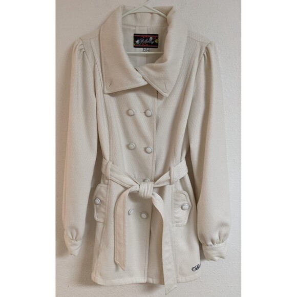 Women's BILLABONG Cotton/Poly Cream Color Double Breasted Belted Coat Size 12 - Picture 9 of 13
